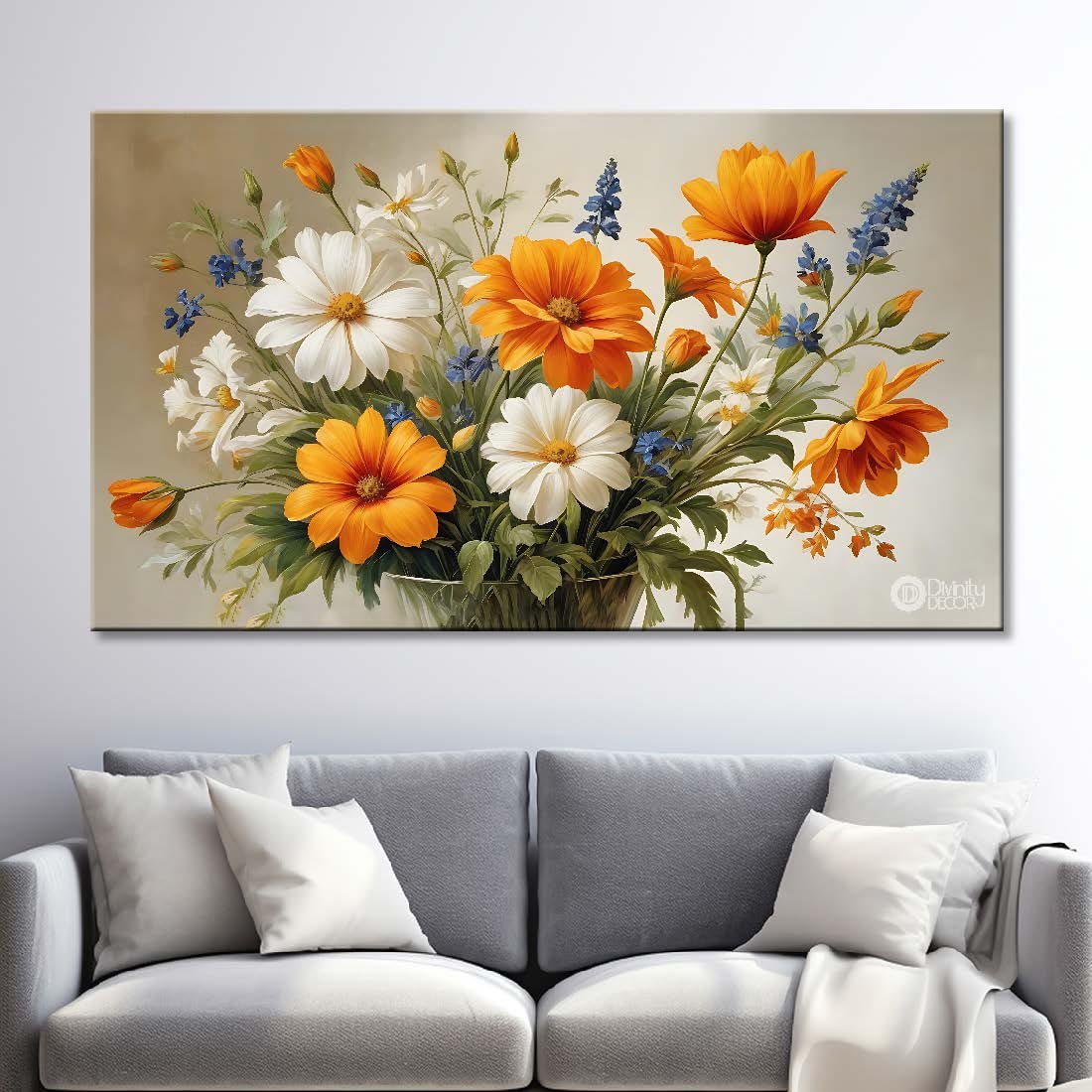 White and orange flowers in light background canvas painting- Flower-658