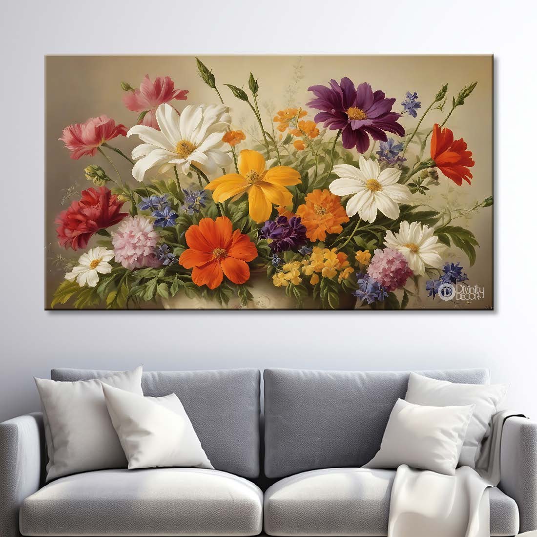 Colorful flowers in light brown background canvas painting- Flower-659