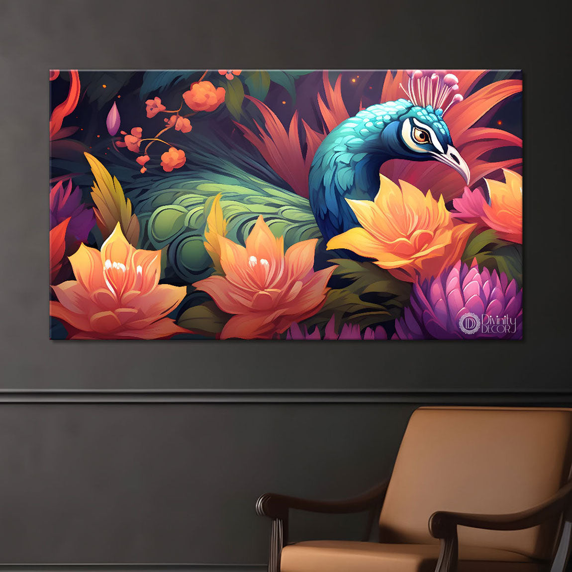 Peacock in bright colors background Canvas Painting - Design - Peacock-66