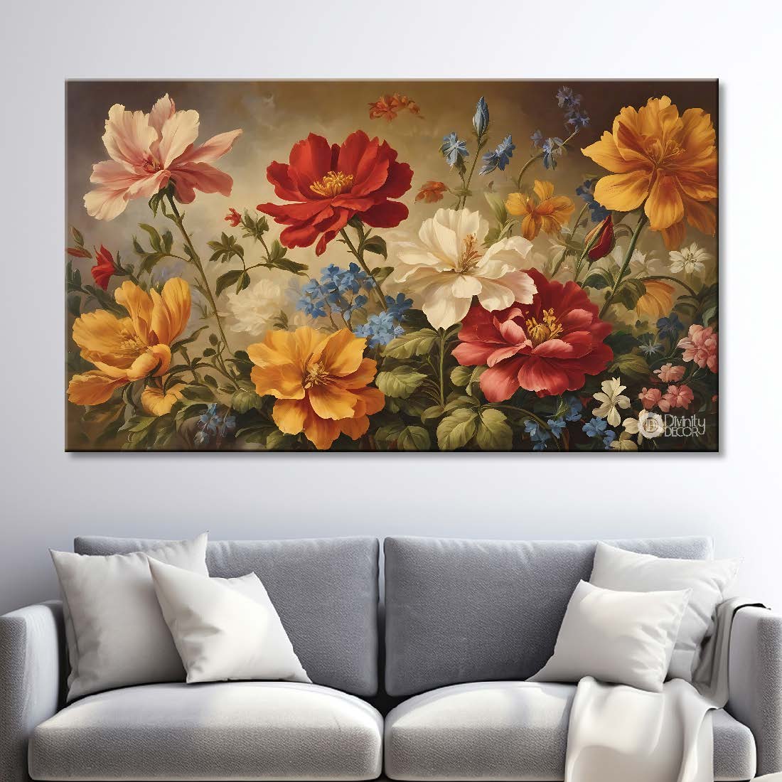 Red and orange flowers in light brown background canvas painting- Flower-662