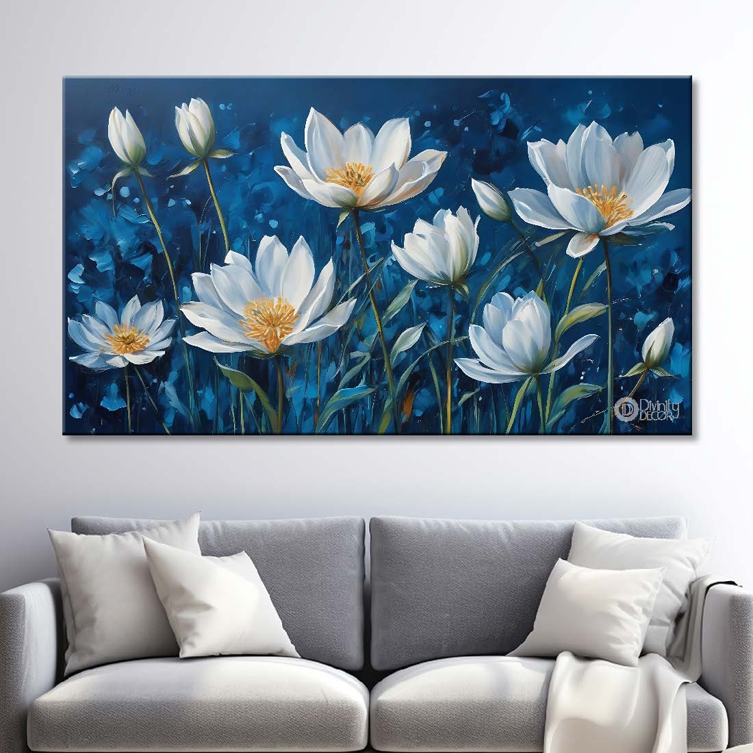 White flowers in navy blue background canvas painting- Flower-663