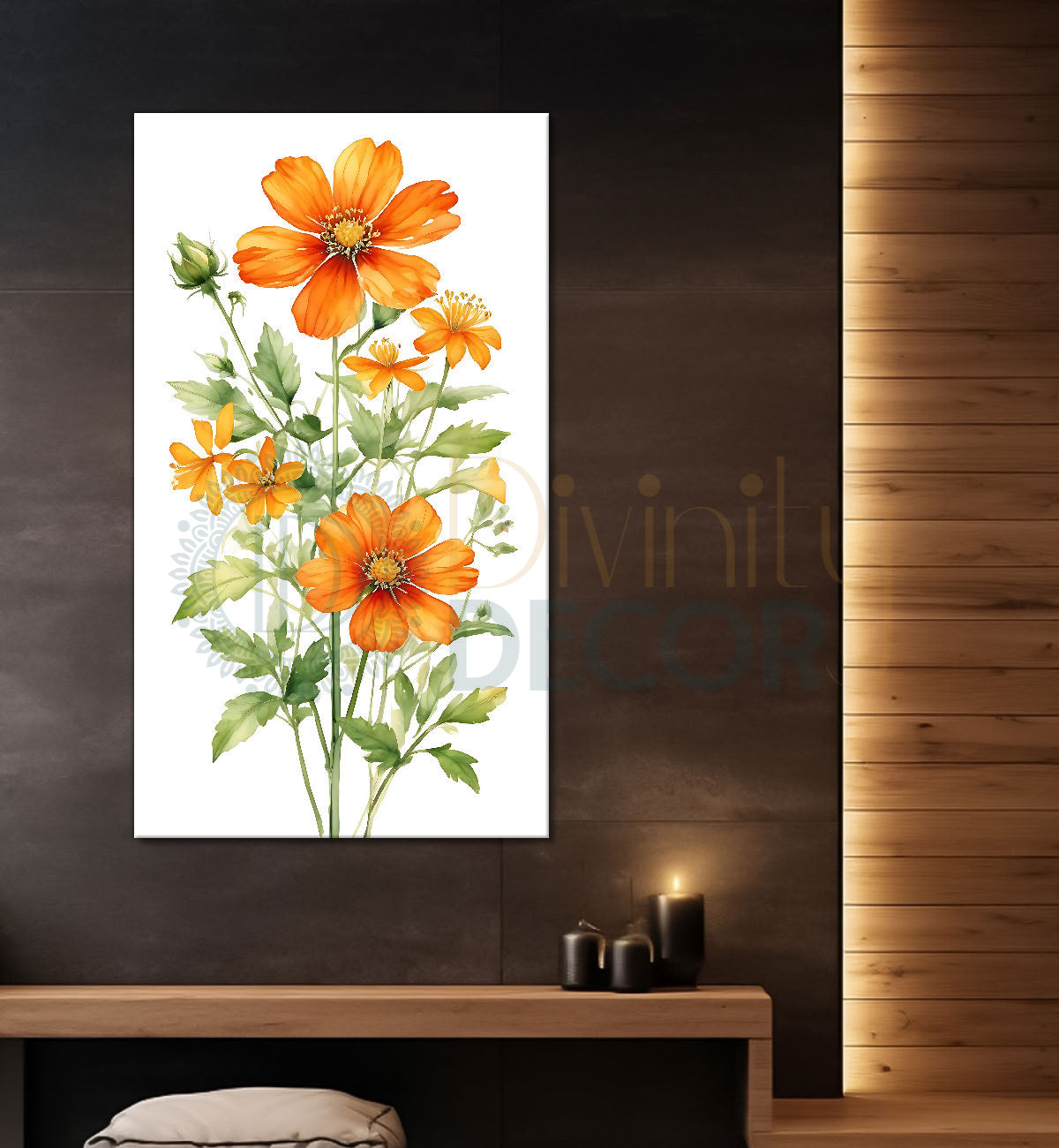 Orange flowers in blue textured painting - Flower-V-664