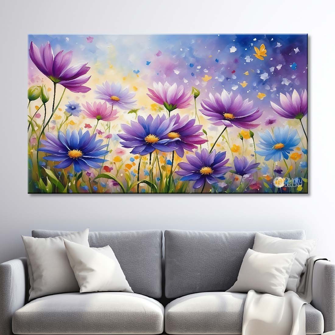 Purple flowers in purple sky background canvas painting- Flower-665