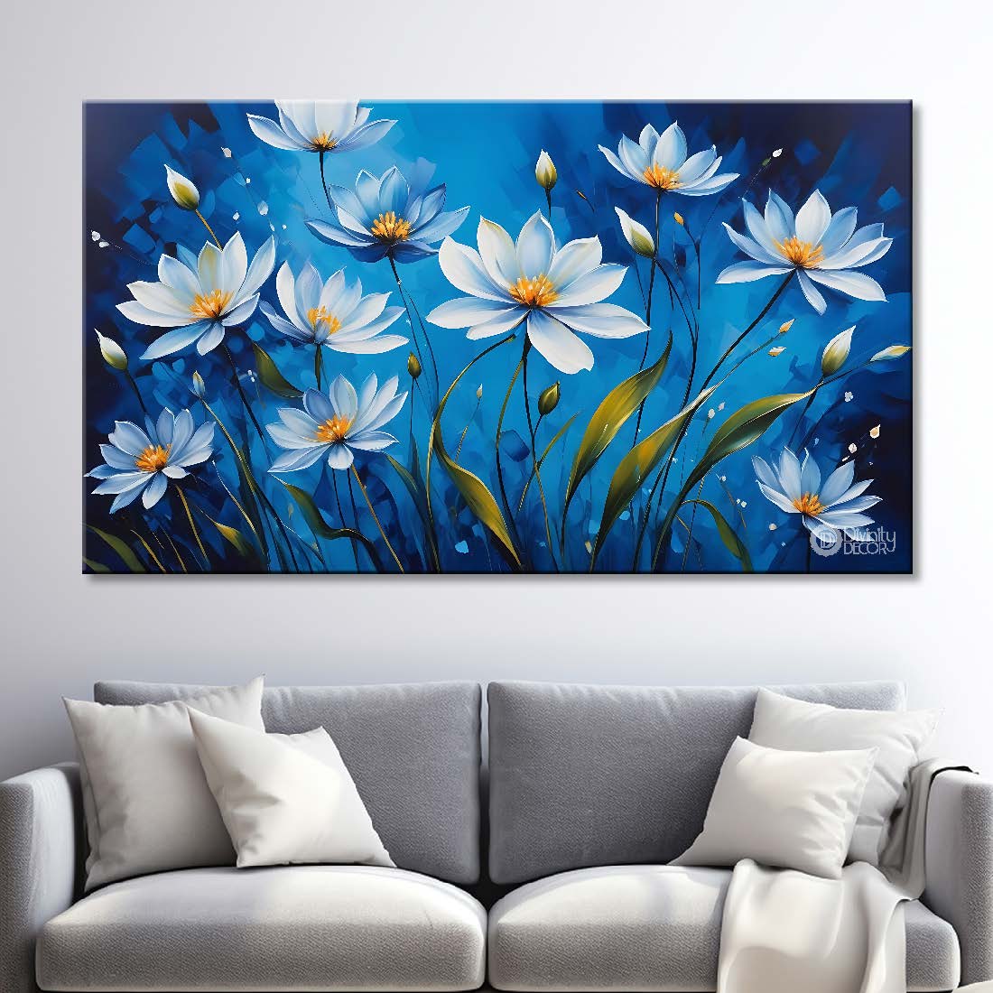 White flowers in blue background canvas painting- Flower-667