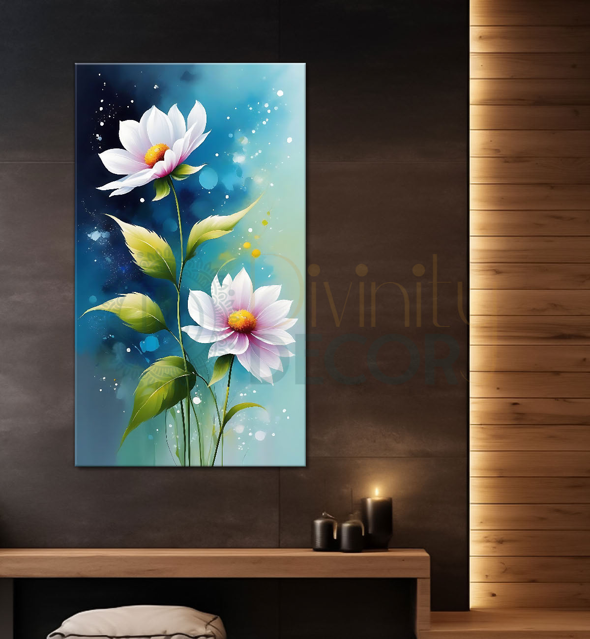 White flowers in blue textured painting - Flower-V-667