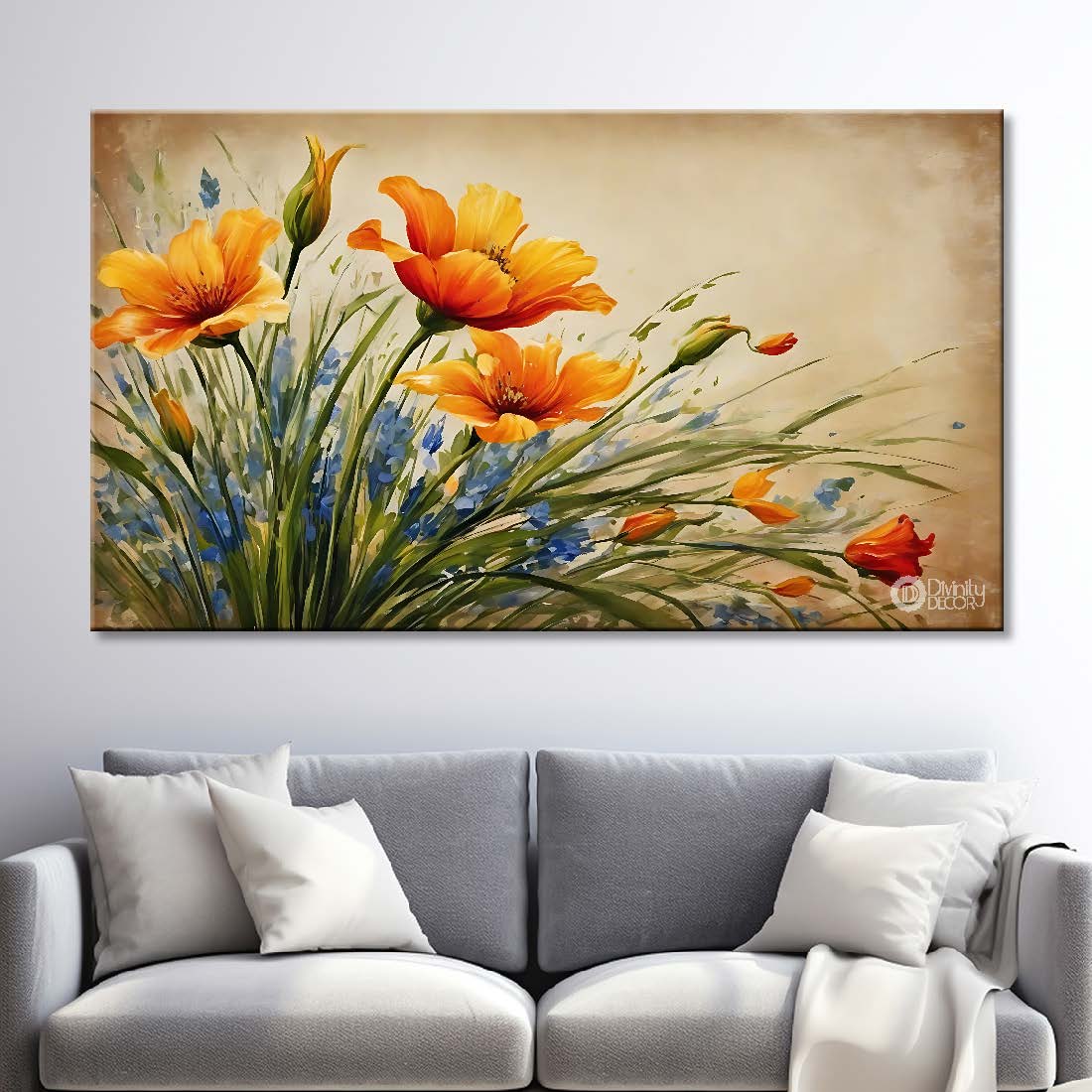 Orange flowers in light background canvas painting- Flower-668