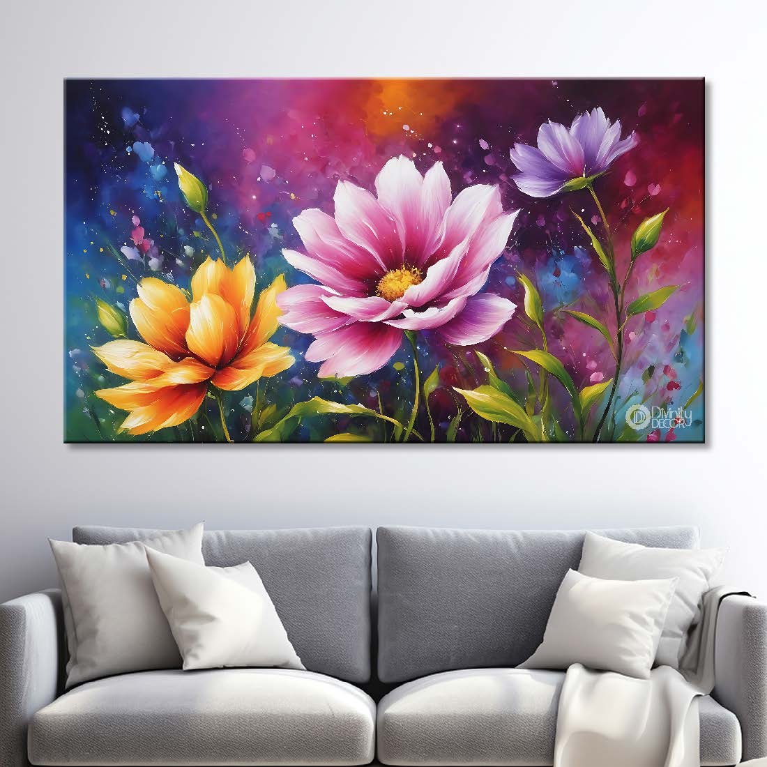 Pink and yellow flowers in pink background canvas painting- Flower-669