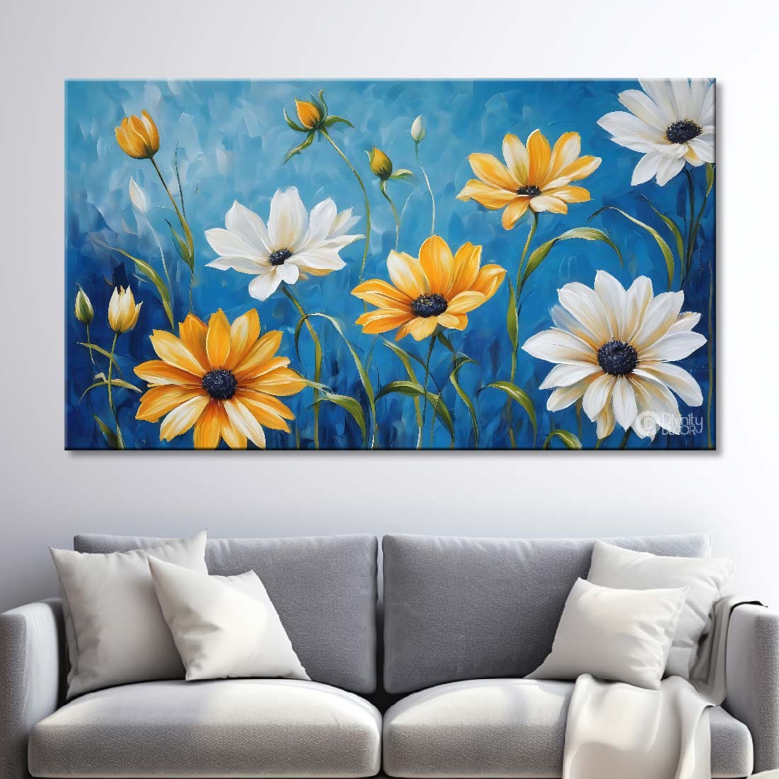 White and yellow flowers in blue background canvas painting- Flower-670