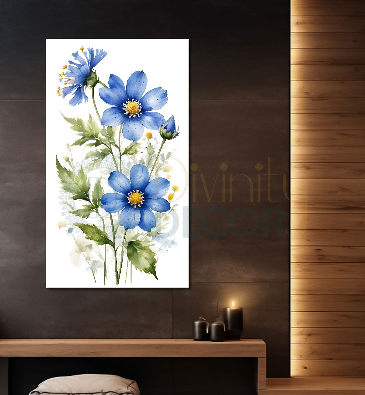 Blue flowers in white textured background painting - Flower-V-670