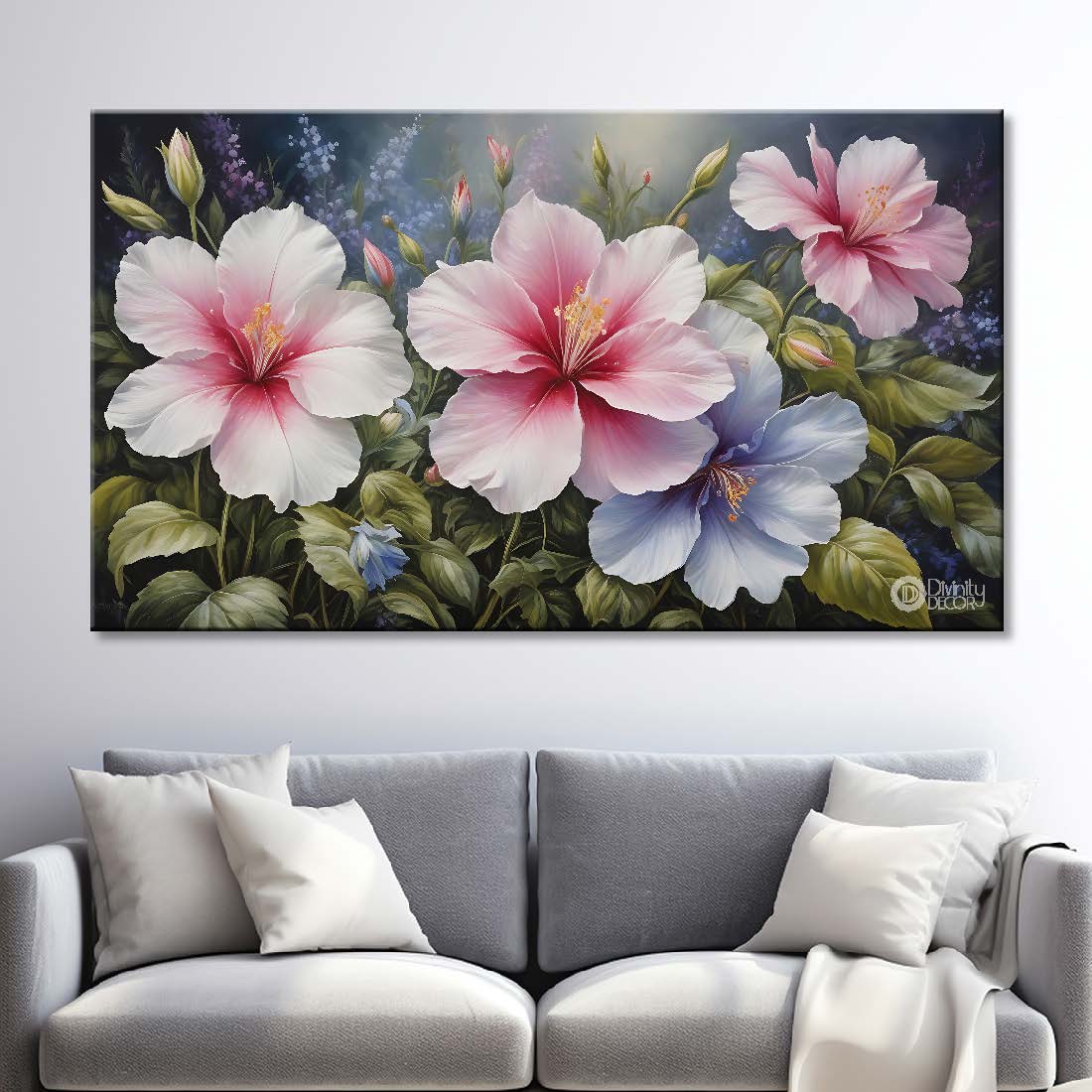 Pink flowers in grey background canvas painting- Flower-671