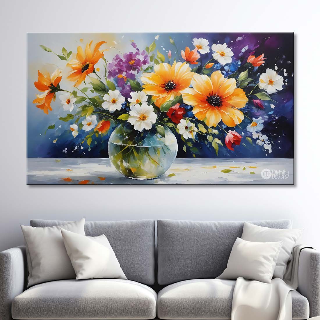 Yellow and white flowers in a vas in grey background canvas painting- Flower-672