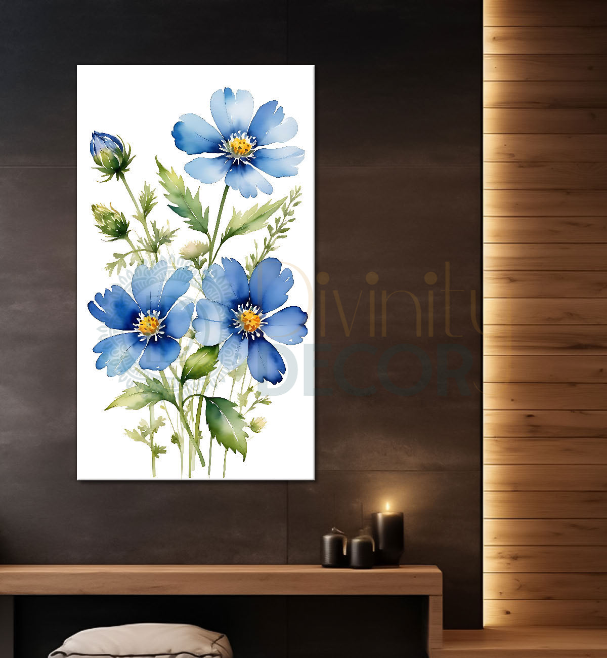 Blue flowers in white textured background painting - Flower-V-672