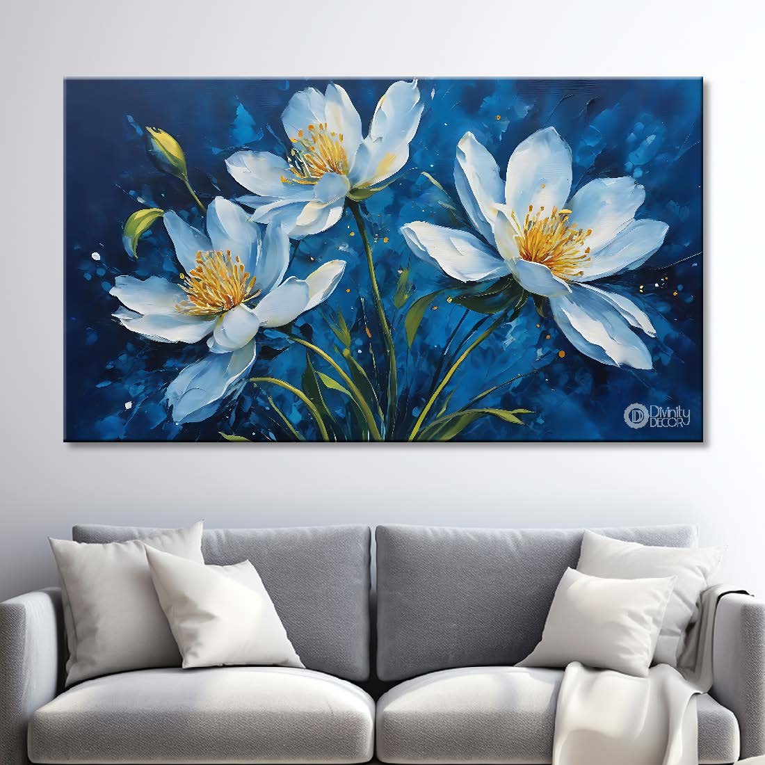 White flowers in navy blue background canvas painting- Flower-674