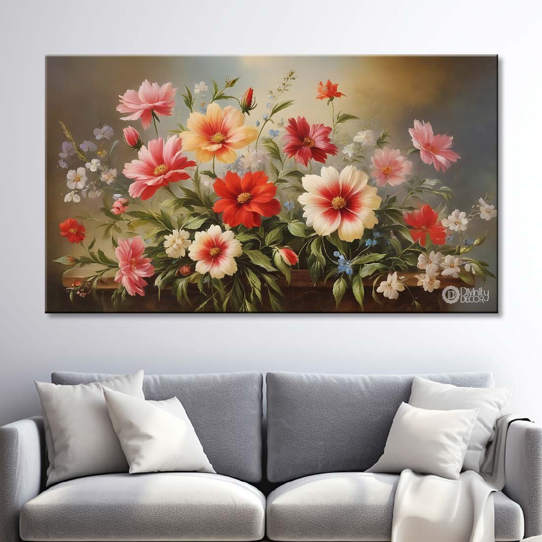 Pink flowers in light brown background canvas painting- Flower-675