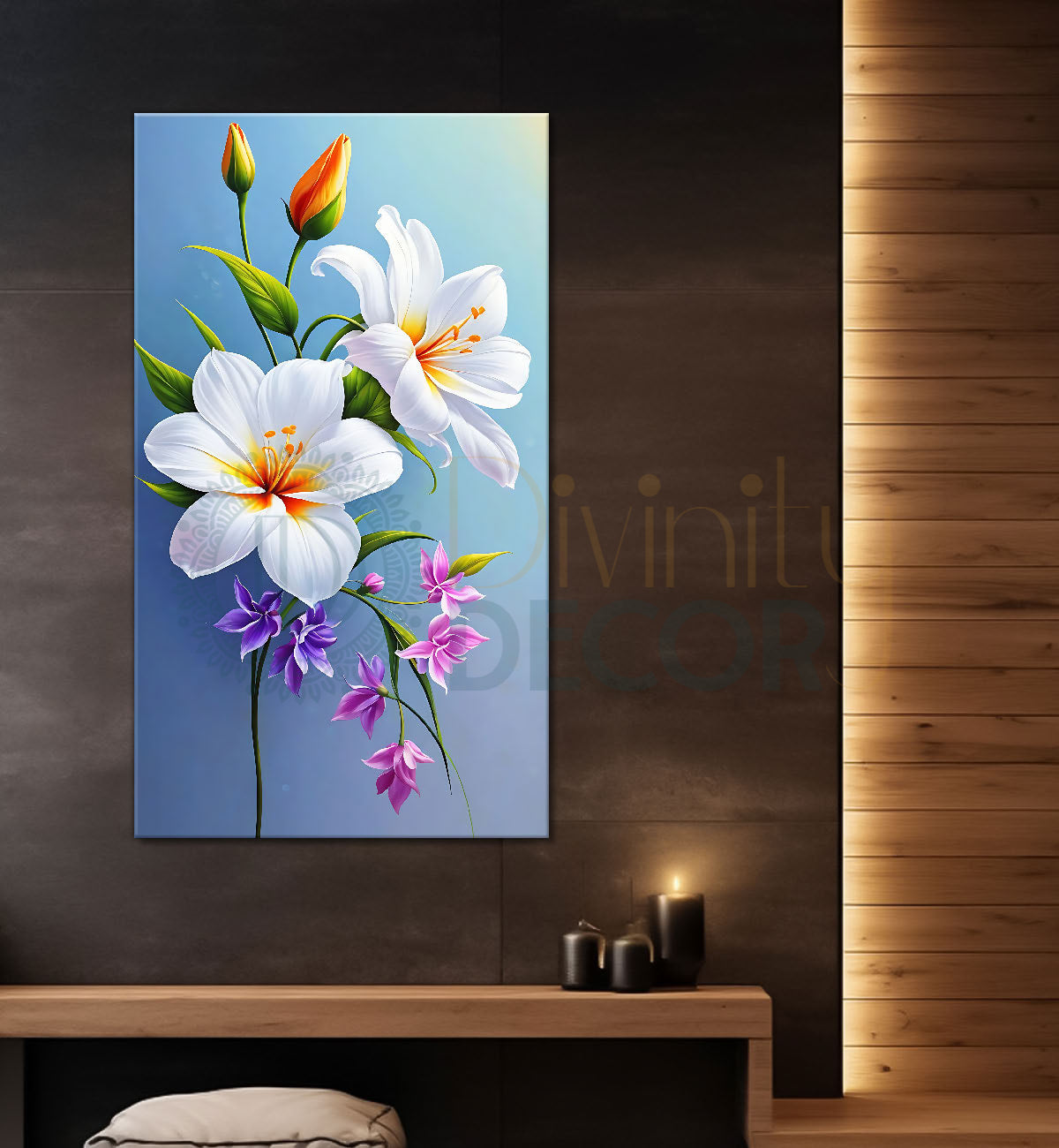 White flowers in blue textured painting - Flower-V-675
