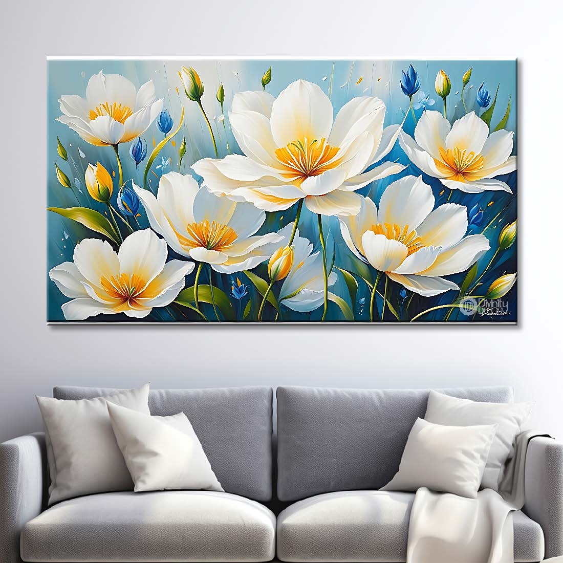 White flowers in sky blue background canvas painting- Flower-676