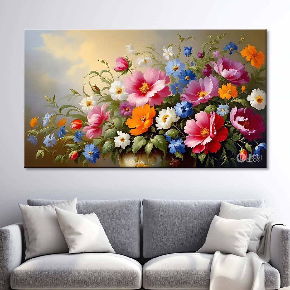 Colorful flowers in grey background canvas painting- Flower-678