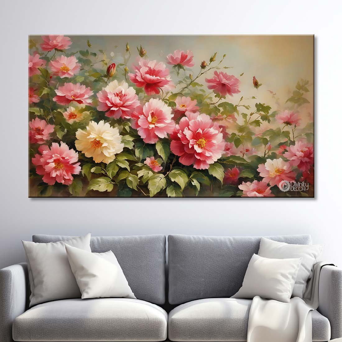 Colorful flowers in grey background canvas painting- Flower-679