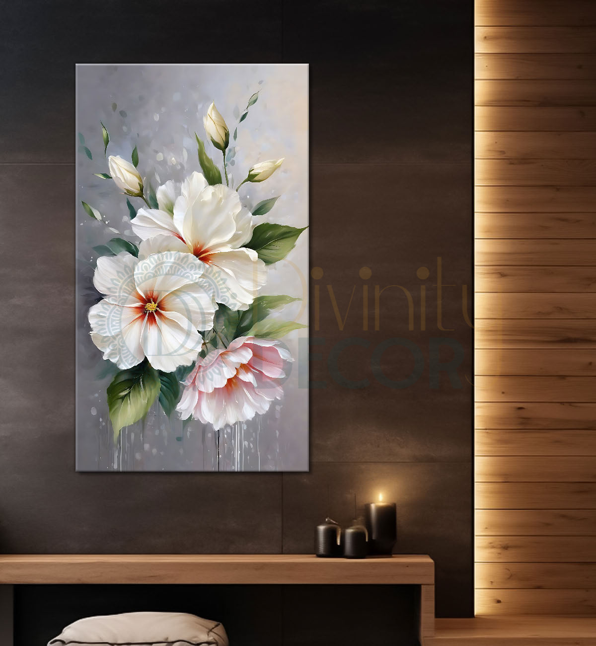 White flowers in grey textured painting - Flower-V-679