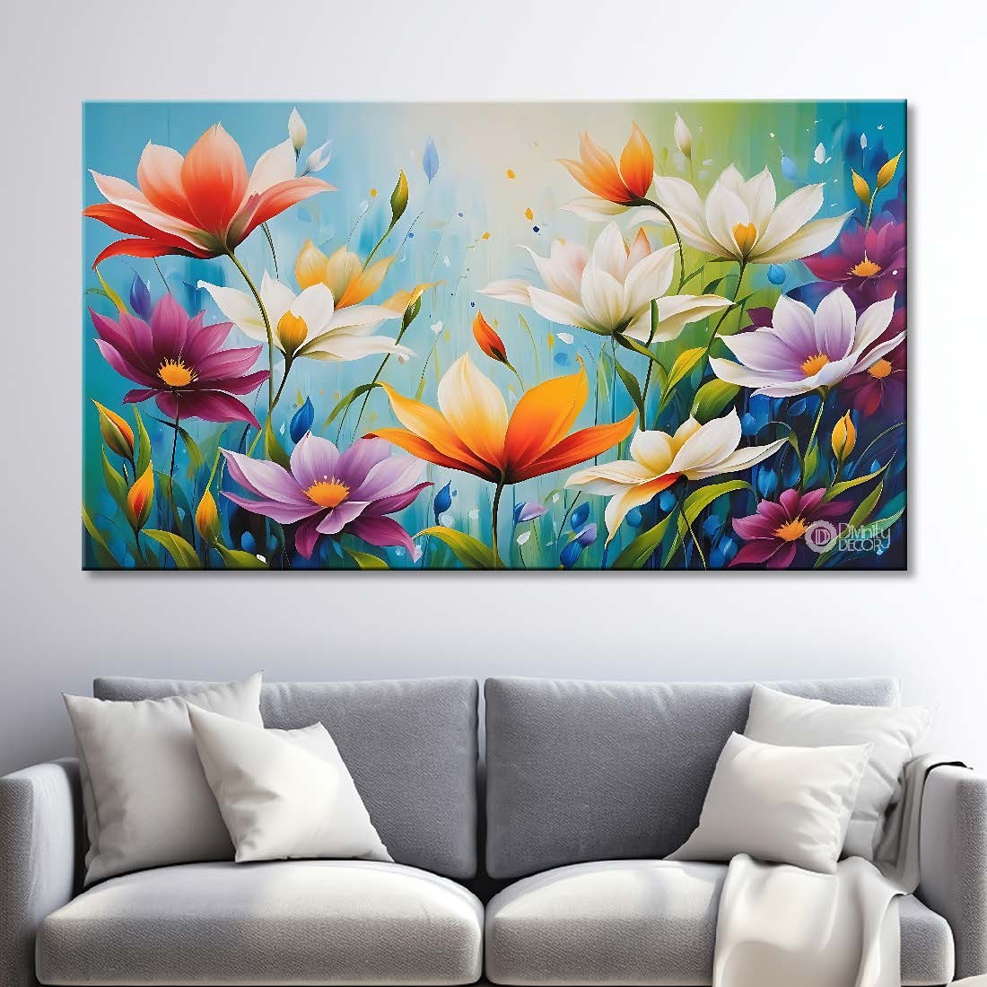 Colorful flowers in sky blue background canvas painting- Flower-680