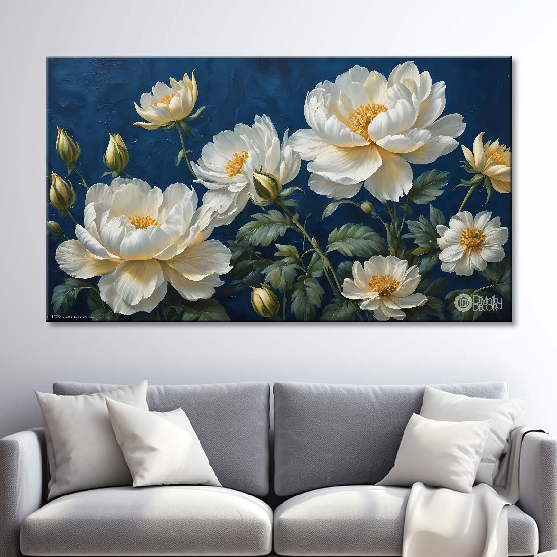 White flowers in navy blue background canvas painting- Flower-682