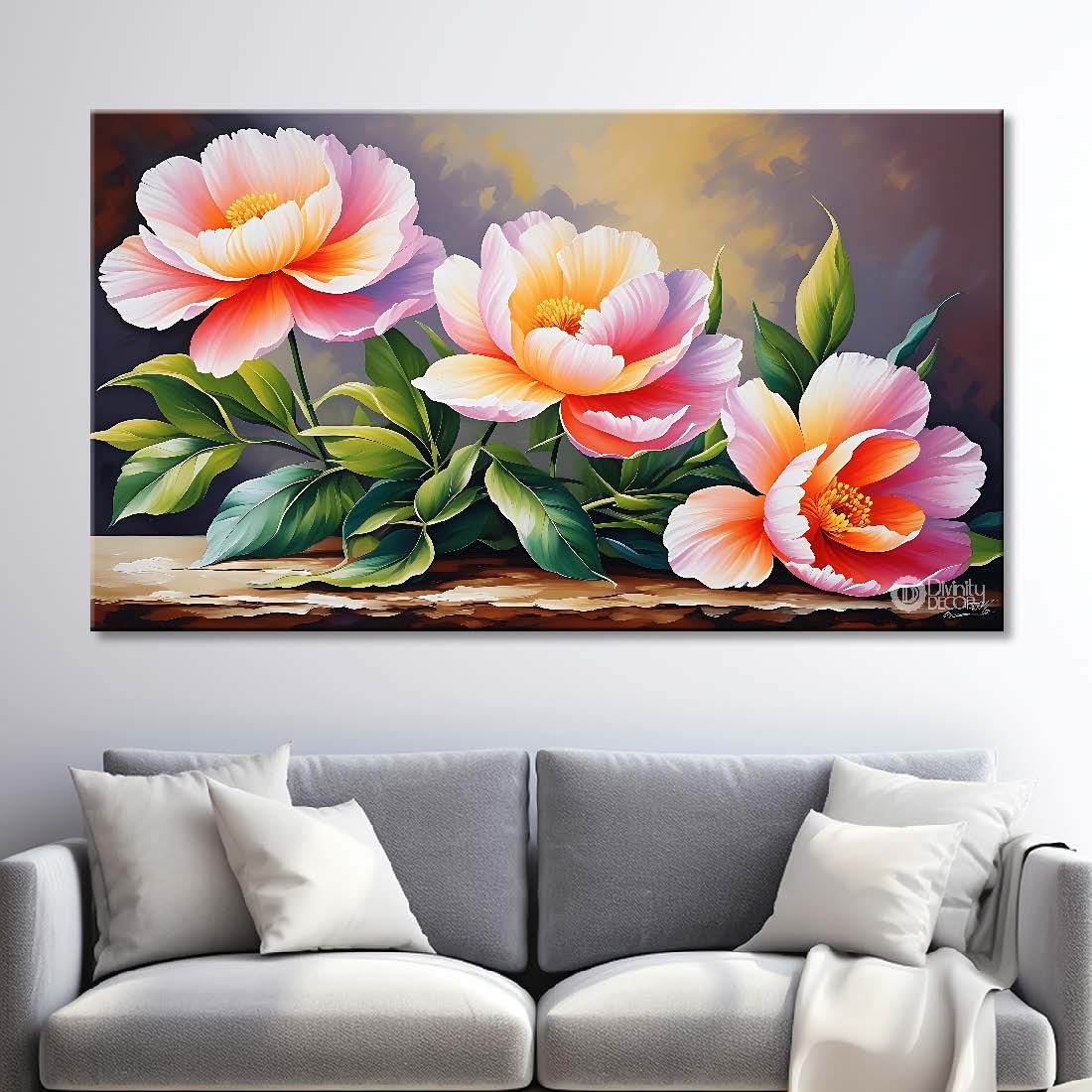 Pink flowers in grey background canvas painting- Flower-683