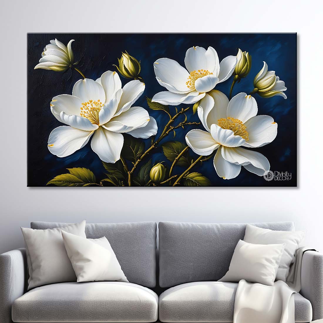 White flowers in black background canvas painting- Flower-686