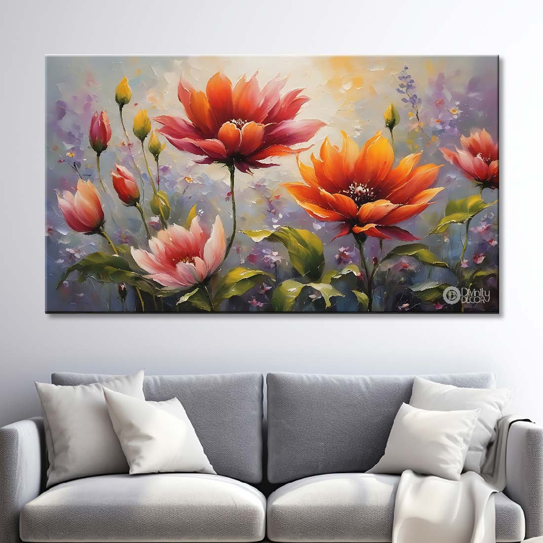 Orange flowers in grey background canvas painting- Flower-687