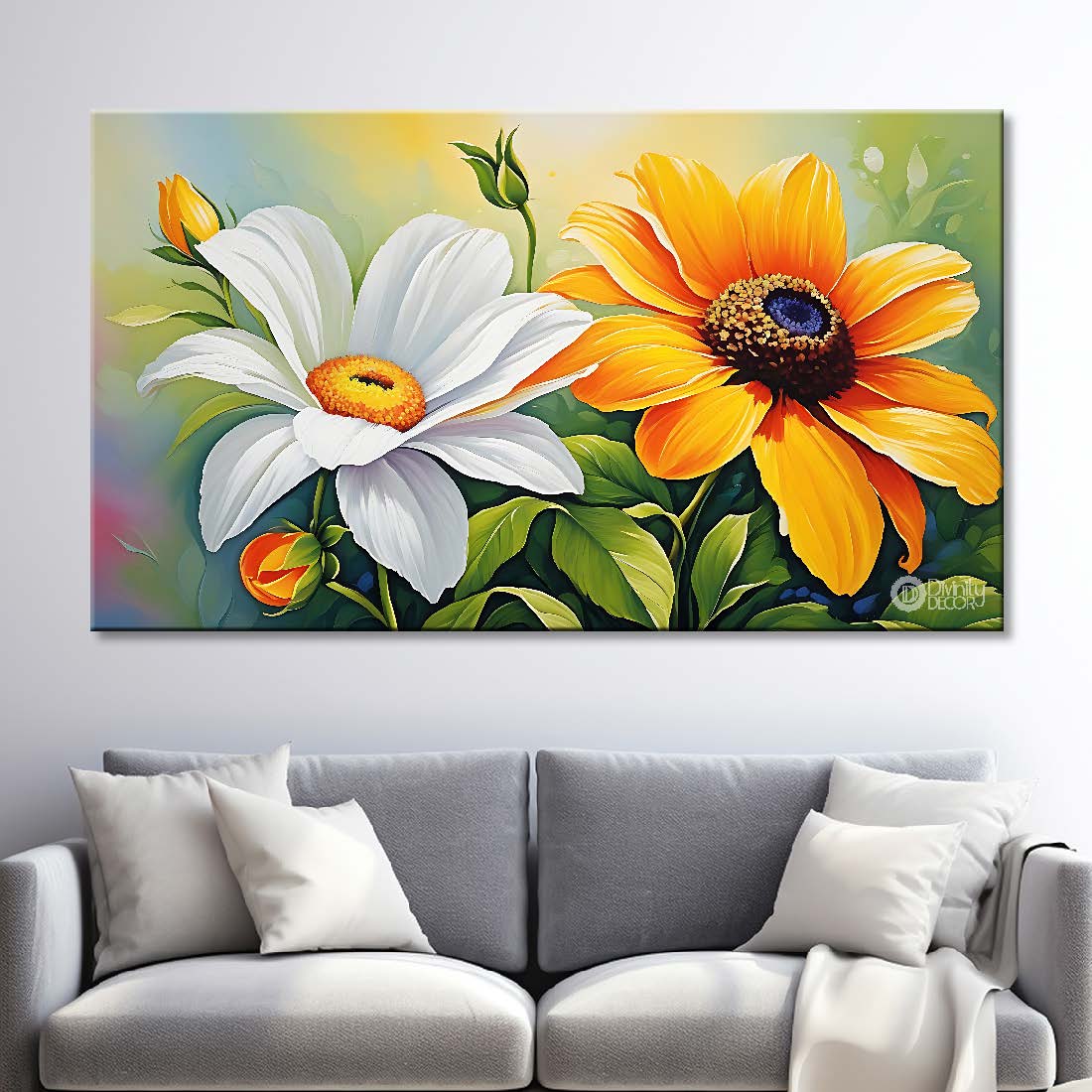 Yellow and white green background canvas painting- Flower-688