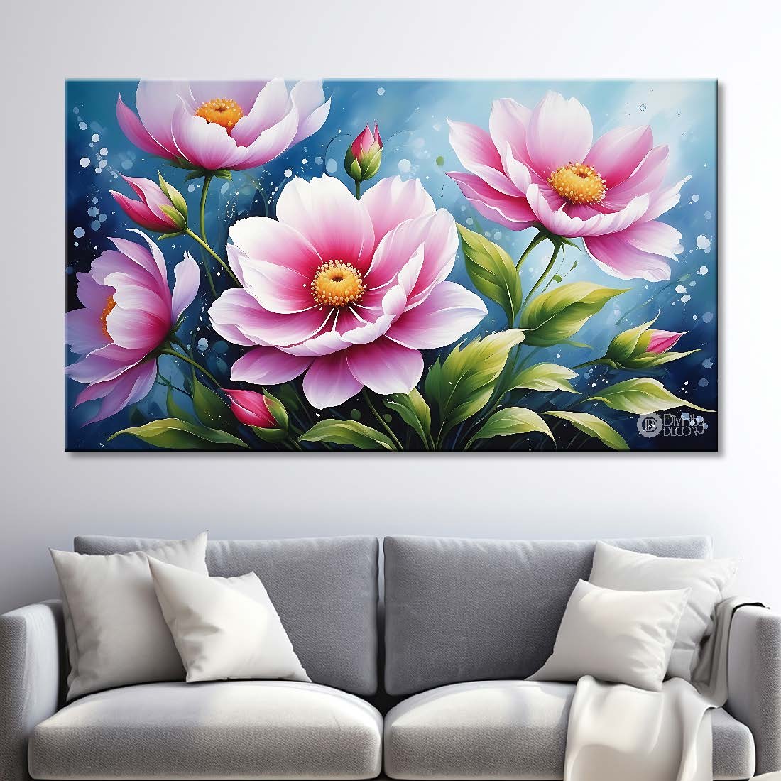 Pink flowers in sky blue background canvas painting- Flower-689