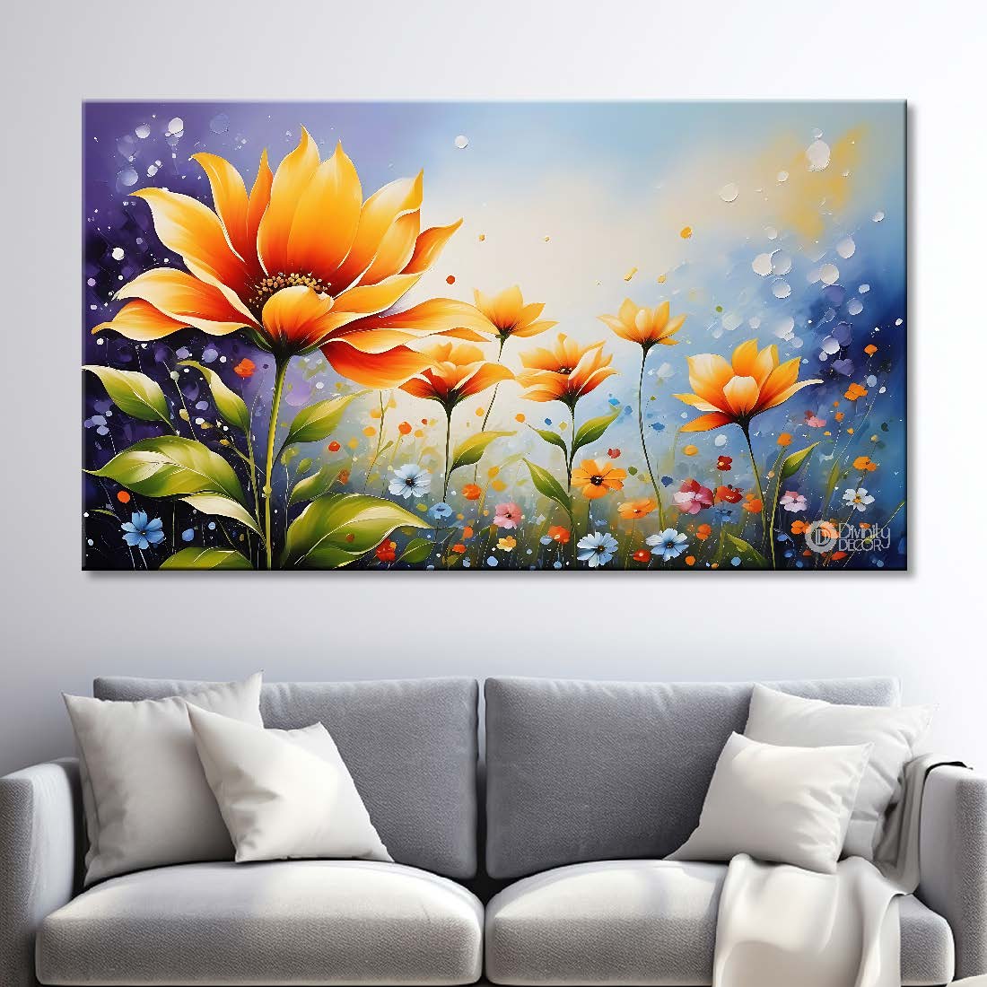 Orange flowers in sky blue background canvas painting- Flower-690