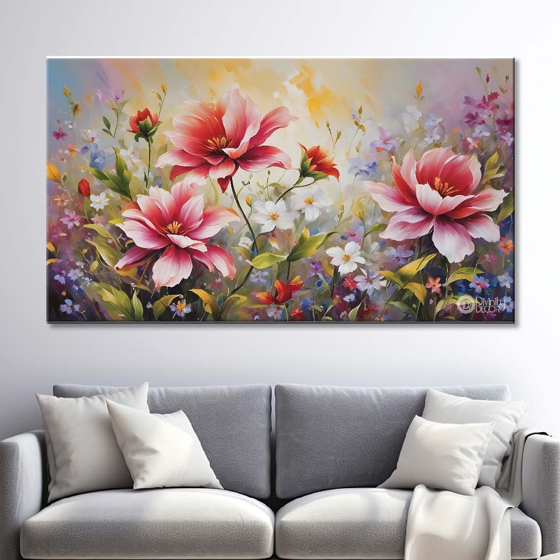 Pink flowers in light background canvas painting- Flower-691