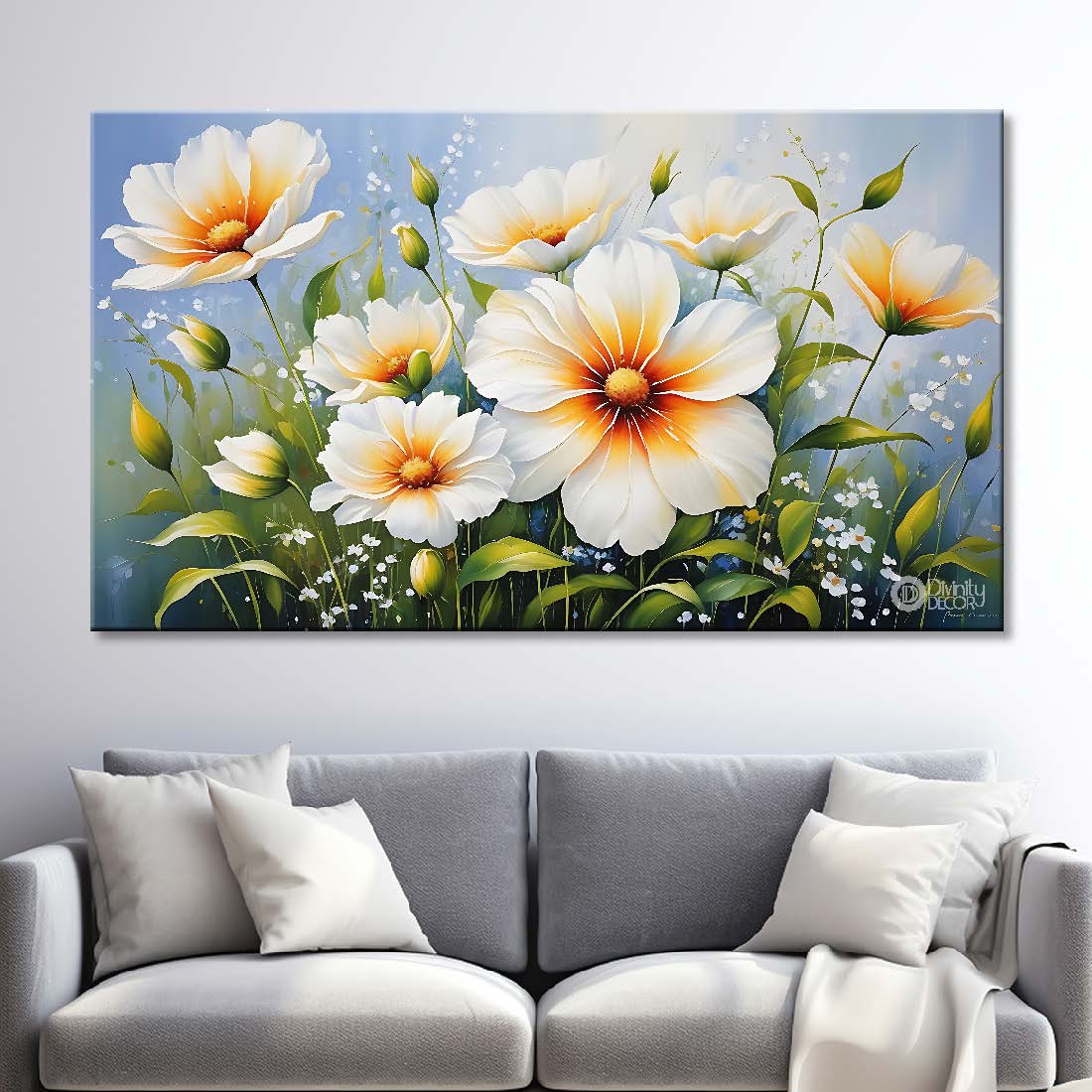 White flowers in sky blue background canvas painting- Flower-692