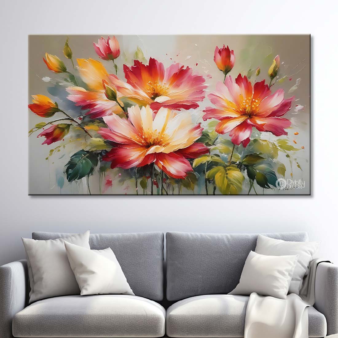 Pink flowers in light background canvas painting- Flower-693