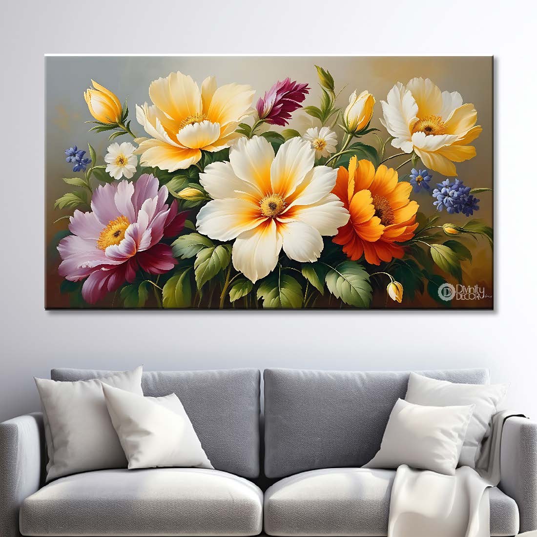 White flowers in grey background canvas painting- Flower-695