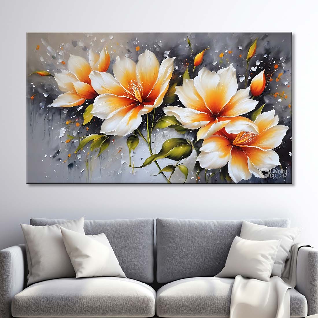 White flowers in grey background canvas painting- Flower-696