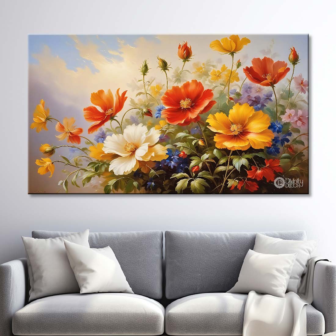 Colorful flowers in grey background canvas painting- Flower-697
