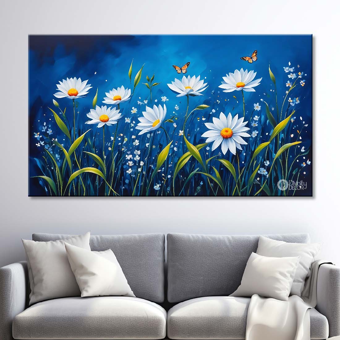 White flowers in navy blue background canvas painting- Flower-698