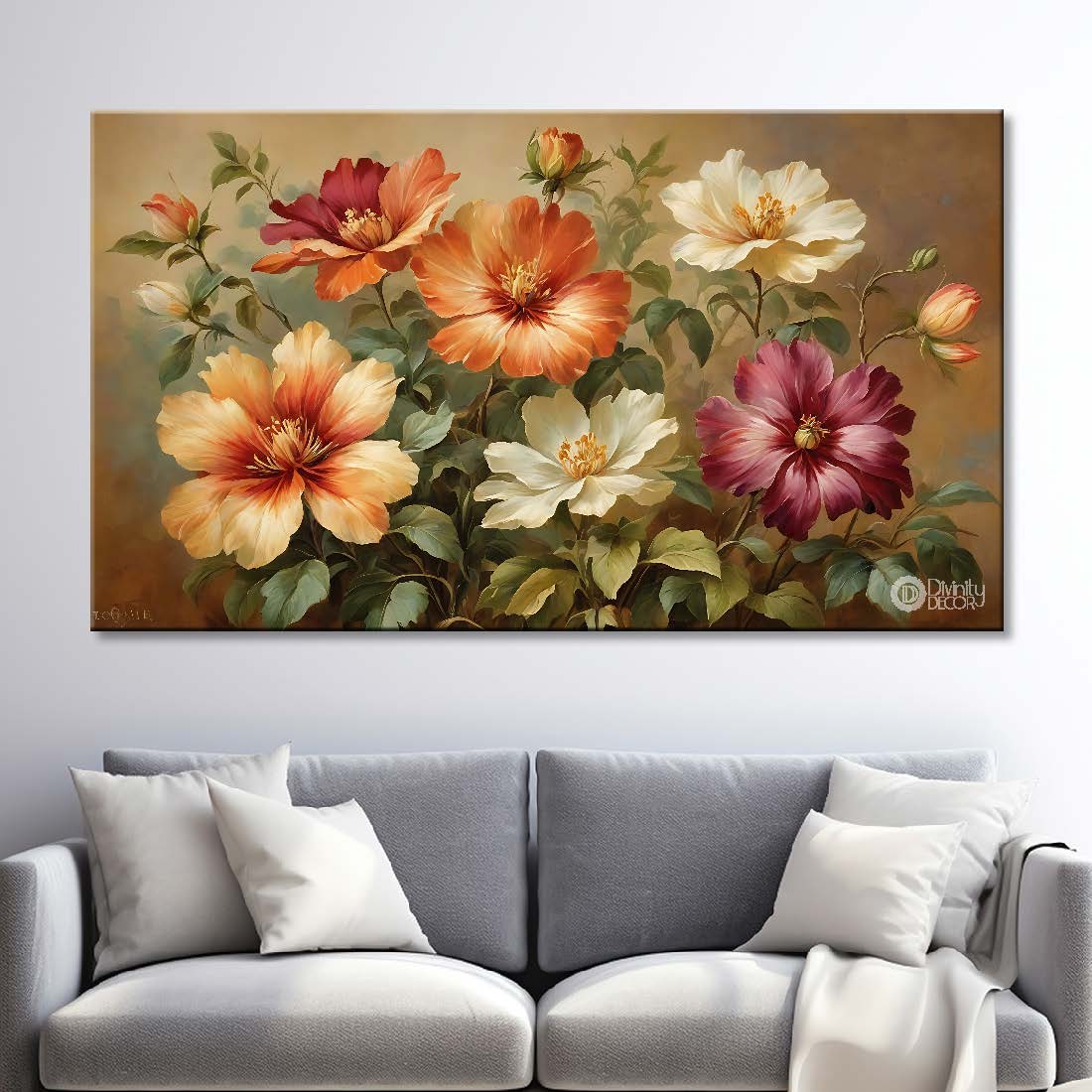Orange flowers in light background canvas painting- Flower-699