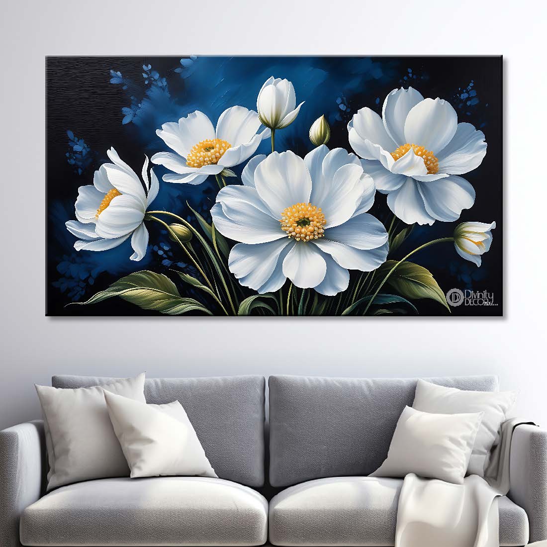White flowers in navy blue background canvas painting- Flower-700