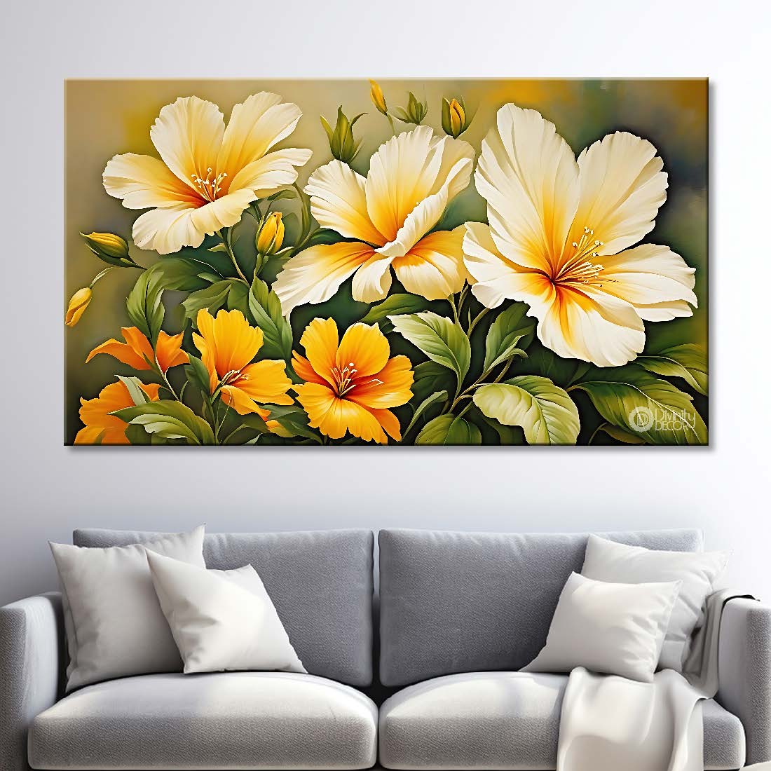 White and yellow flowers in light background canvas painting- Flower-701