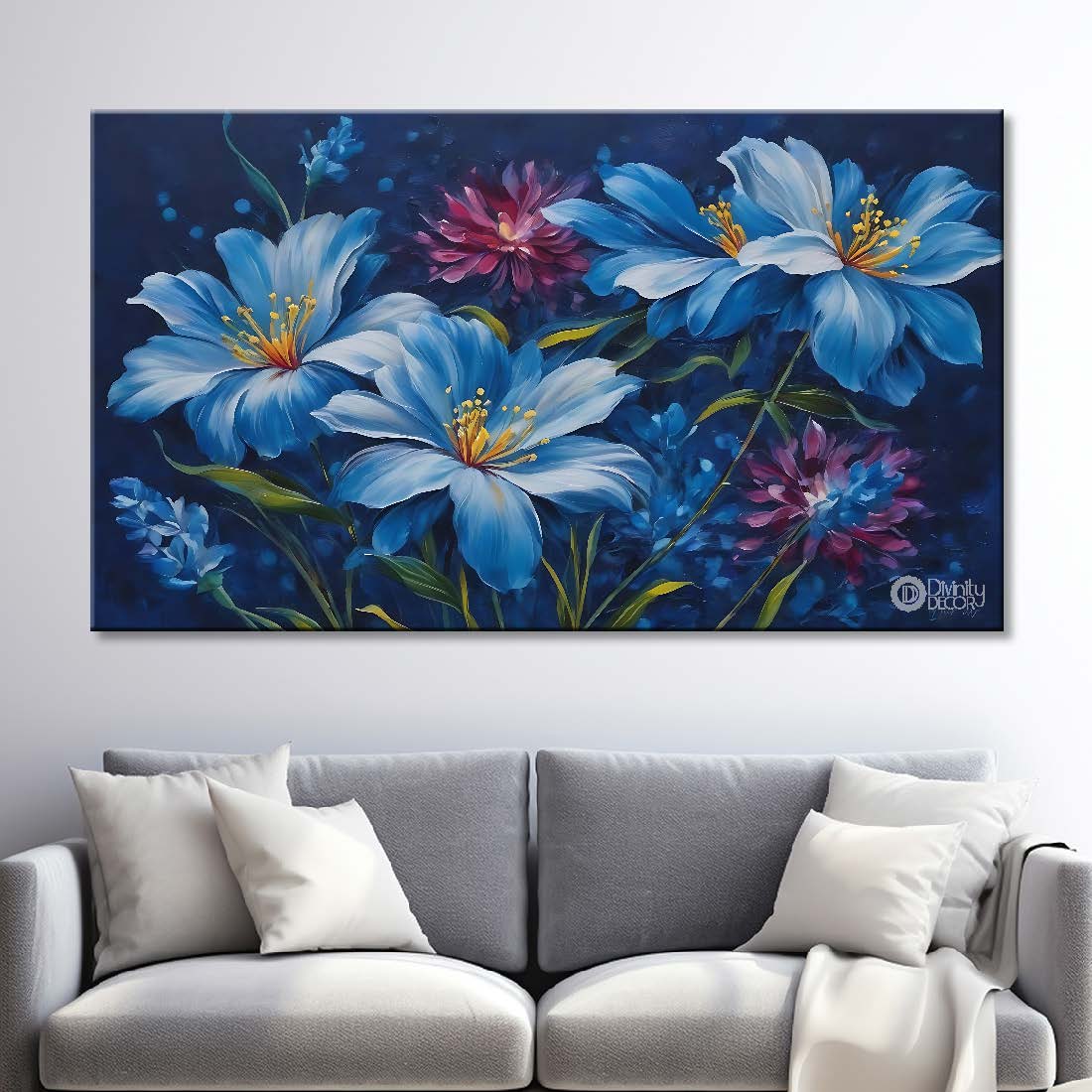 Navy blue flowers in black background canvas painting- Flower-702