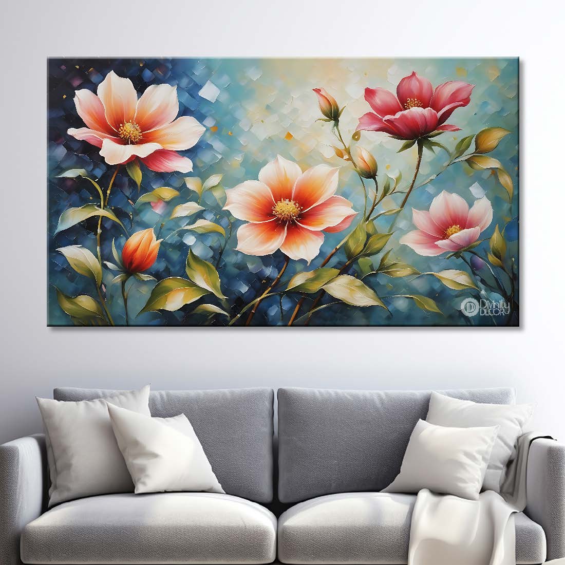 Orange flowers in sky blue background canvas painting- Flower-703