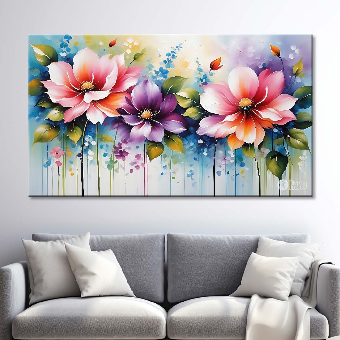 Colorful flowers in sky blue background canvas painting- Flower-704