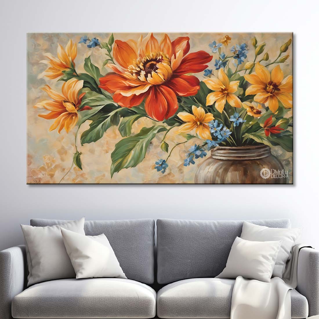 Red and yellow flowers in light background canvas painting- Flower-705