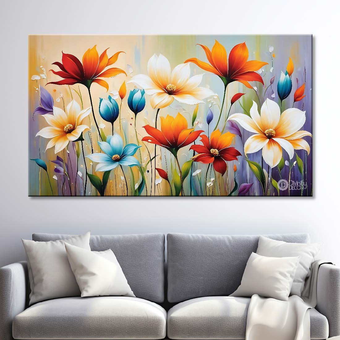 Colorful flowers in light background canvas painting- Flower-707