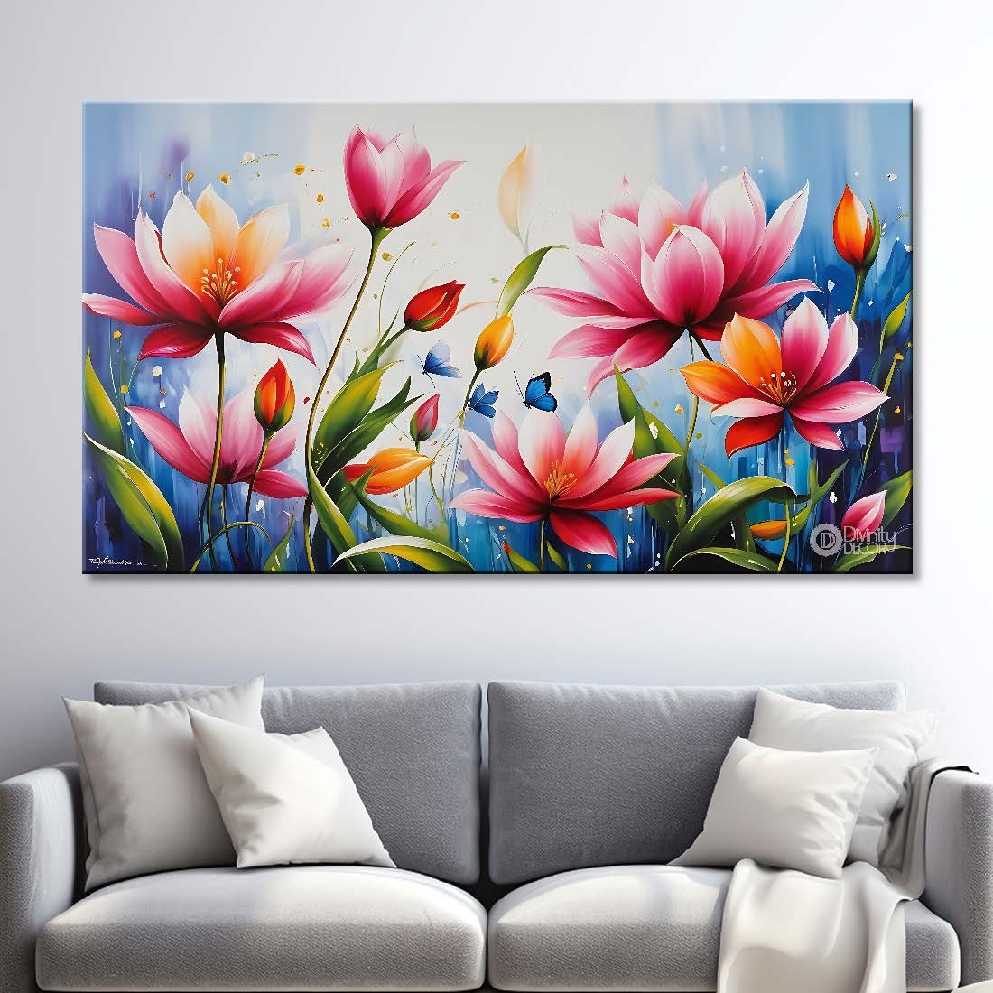 Pink flowers in sky blue background canvas painting- Flower-708