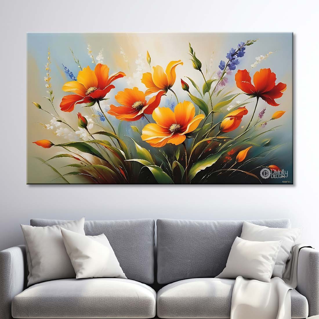 Orange flowers in grey background canvas painting- Flower-709