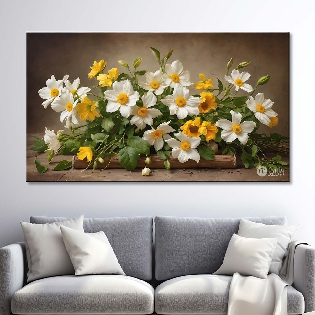 White flowers in light brown background canvas painting- Flower-710