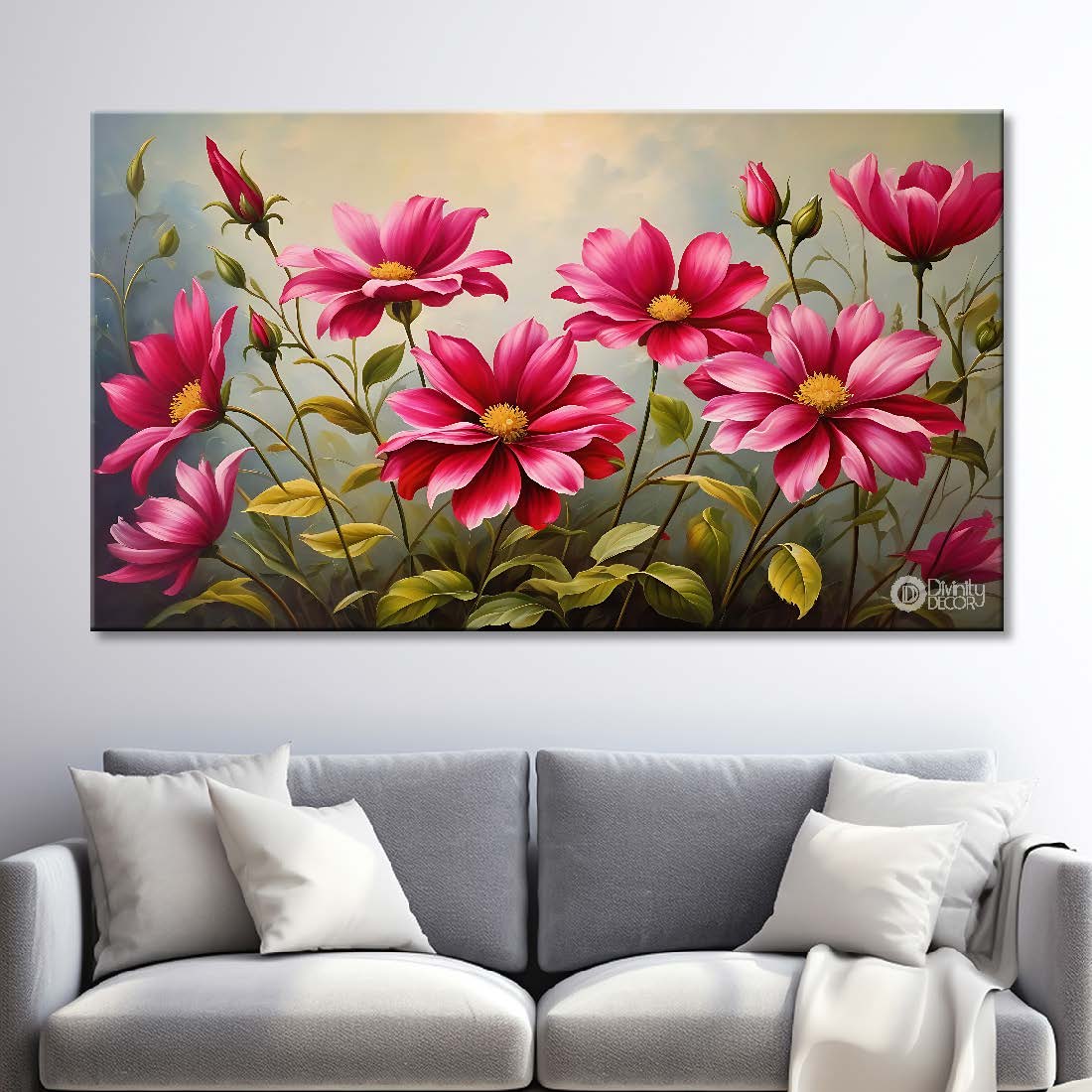 Pink flowers in light background canvas painting- Flower-711